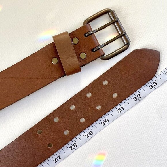 Wide Leather Belt Men’s MED BROWN Brass Buckle Oil Tanned Double Tongue Western - Picture 5 of 6